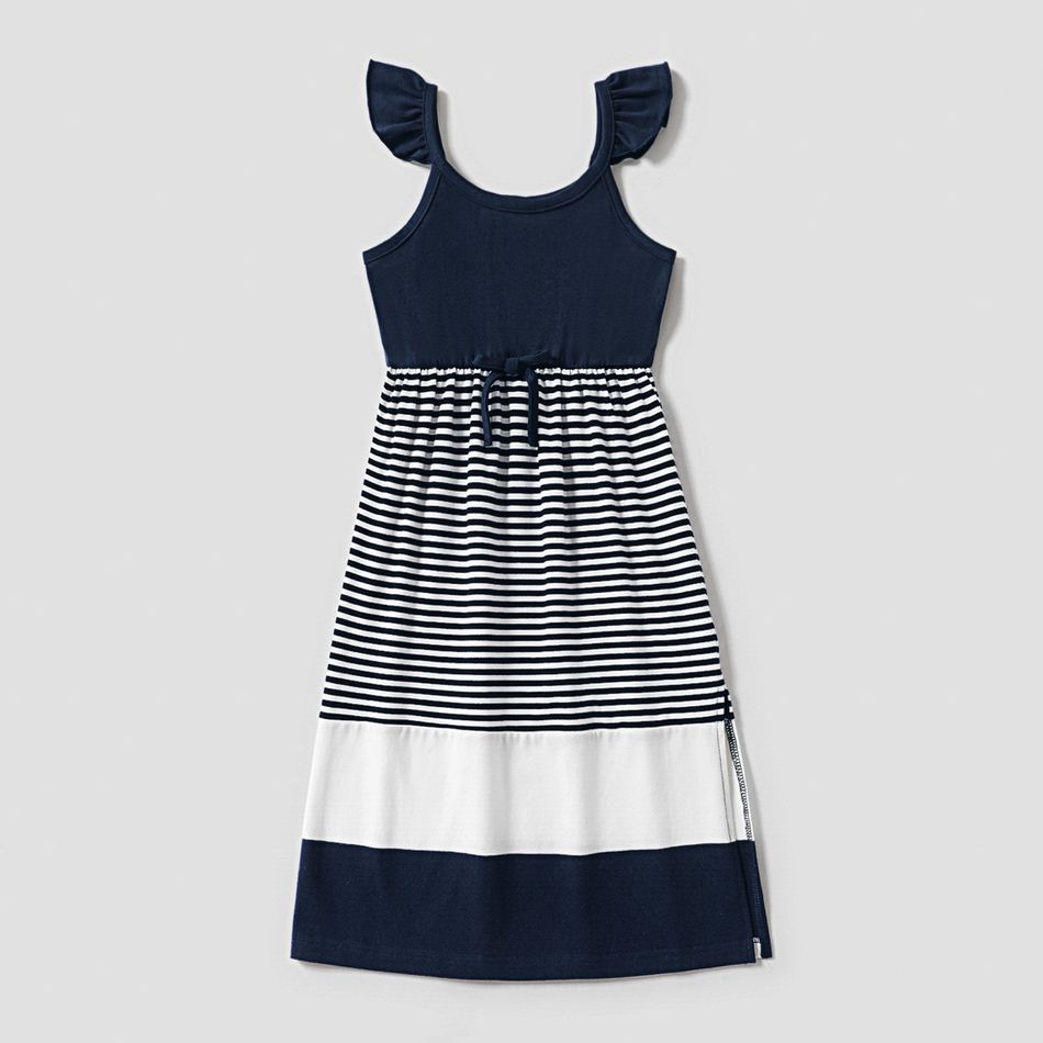 Family Matching Dark Blue Striped Spaghetti Strap Maxi Dresses and Short-sleeve T-shirts Sets COLOREDSTRIPES big image 4