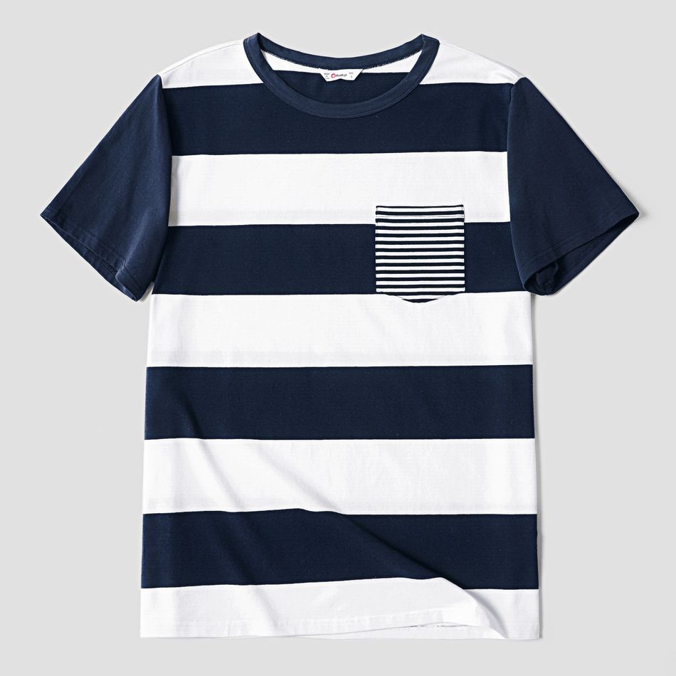 Family Matching Dark Blue Striped Spaghetti Strap Maxi Dresses and Short-sleeve T-shirts Sets COLOREDSTRIPES big image 6