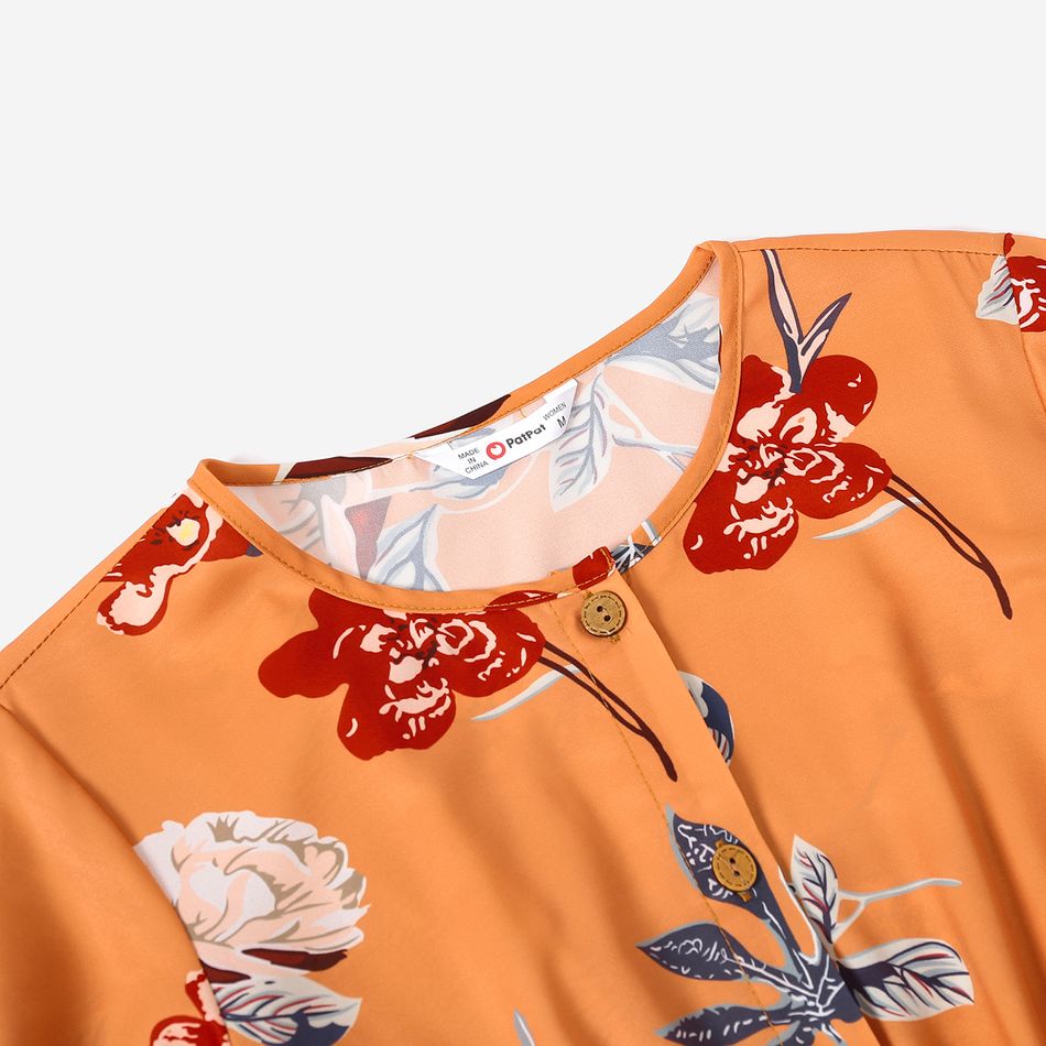 Family Matching Floral Print Brown Ruffle Short-sleeve Tulip Hem Dresses and Raglan-sleeve T-shirts Sets Brown big image 3