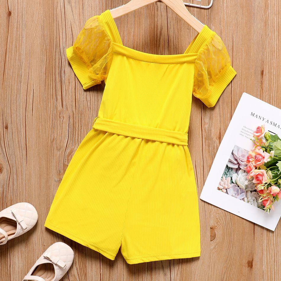Kid Girl Solid Color Square Neck Mesh Short-sleeve Belted Rompers Jumpsuits Shorts Yellow