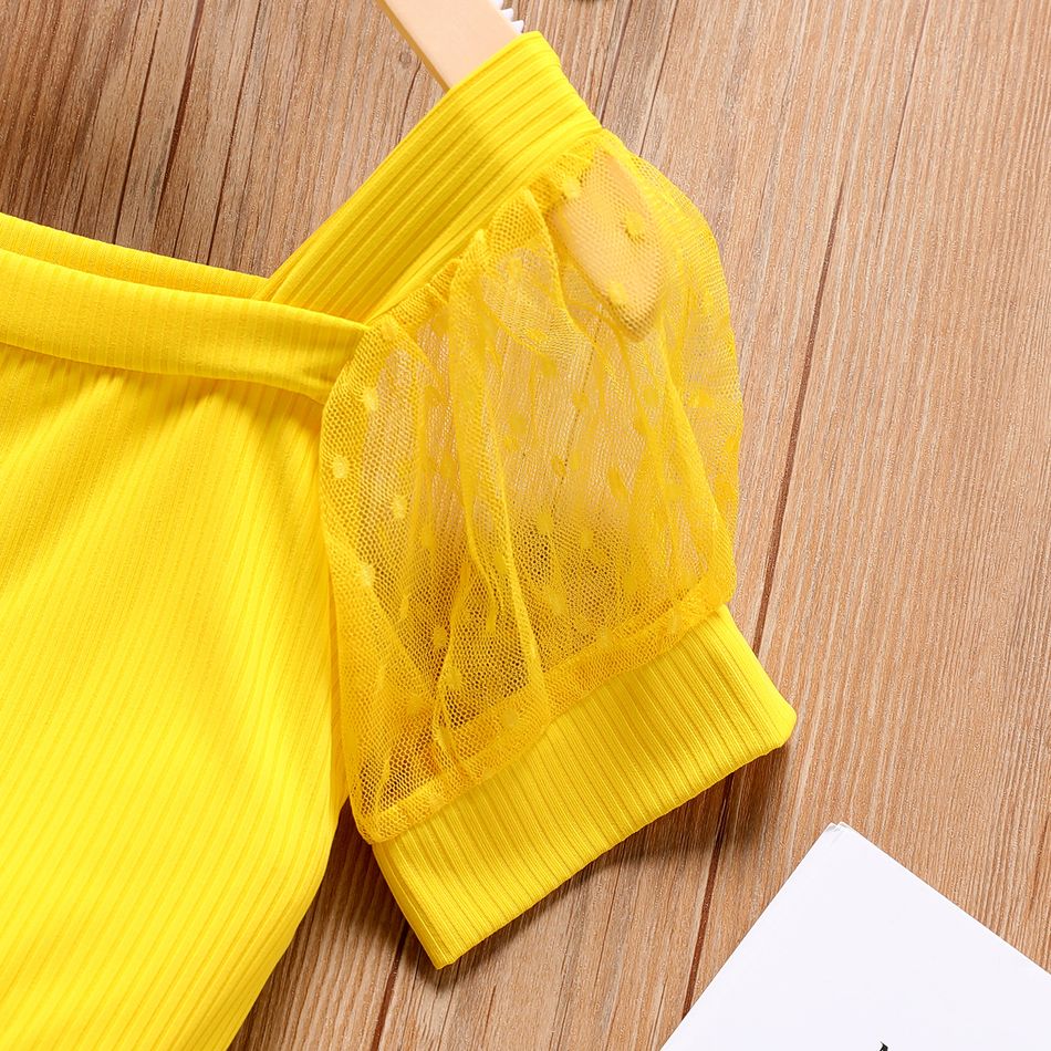 Kid Girl Solid Color Square Neck Mesh Short-sleeve Belted Rompers Jumpsuits Shorts Yellow big image 3