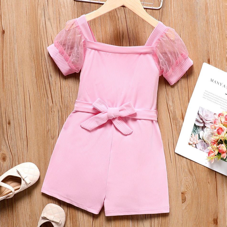 Kid Girl Solid Color Square Neck Mesh Short-sleeve Belted Rompers Jumpsuits Shorts Pink