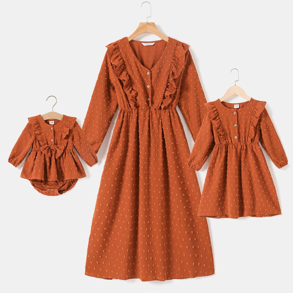 Brown Swiss Dots V Neck Button Long-sleeve Ruffle Dress for Mom and Me Brown