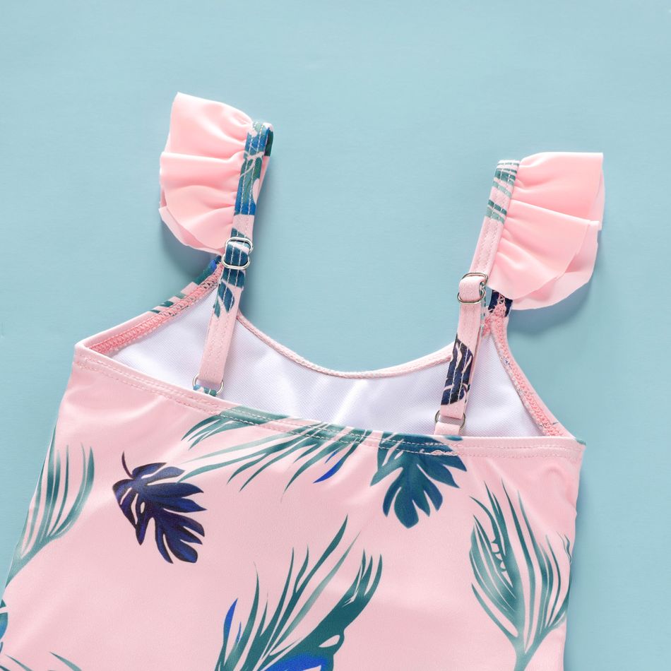 Baby Girl All Over Tropical Plant Print Pink Flutter-sleeve Spaghetti Strap Hollow Out One-Piece Swimsuit Multi-color big image 4