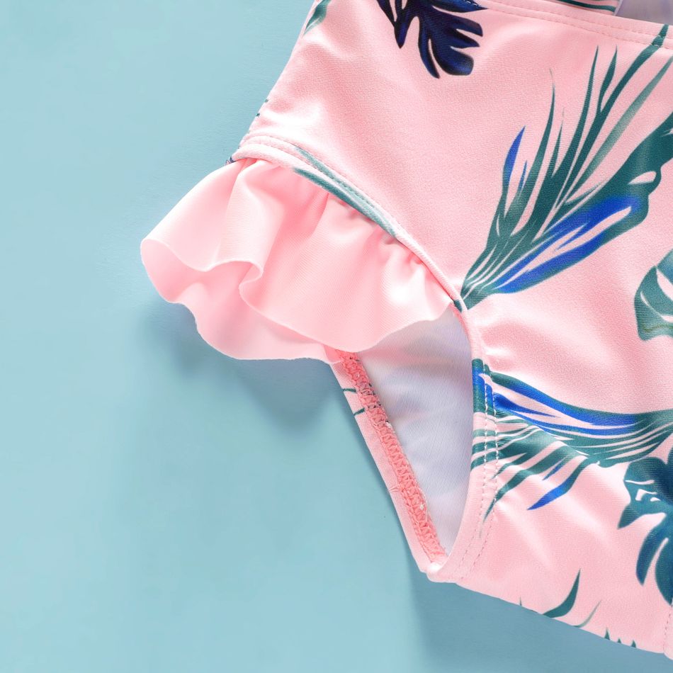 Baby Girl All Over Tropical Plant Print Pink Flutter-sleeve Spaghetti Strap Hollow Out One-Piece Swimsuit Multi-color big image 5