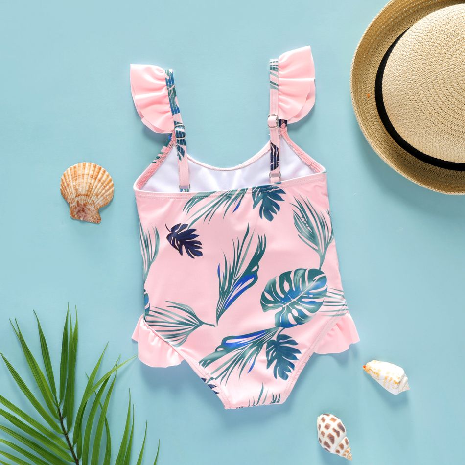 Baby Girl All Over Tropical Plant Print Pink Flutter-sleeve Spaghetti Strap Hollow Out One-Piece Swimsuit Multi-color big image 2
