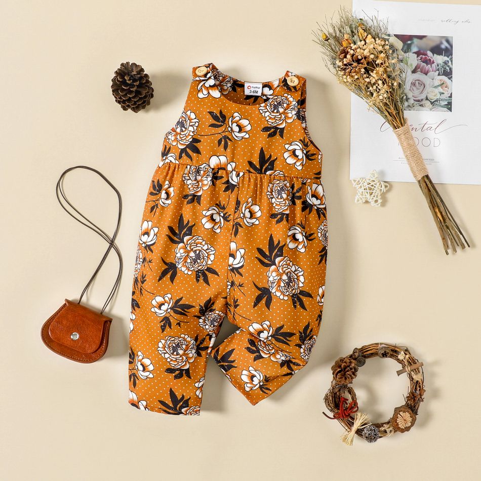 Baby Girl Allover Floral Print Brown Sleeveless Jumpsuit Brown