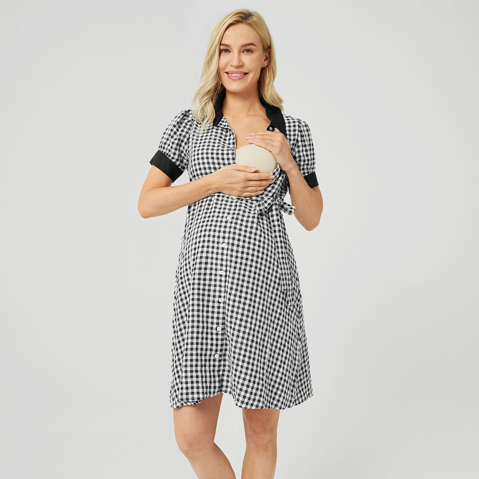 Maternity Retro Plaid Print Square neck H Short-sleeve Dress Black