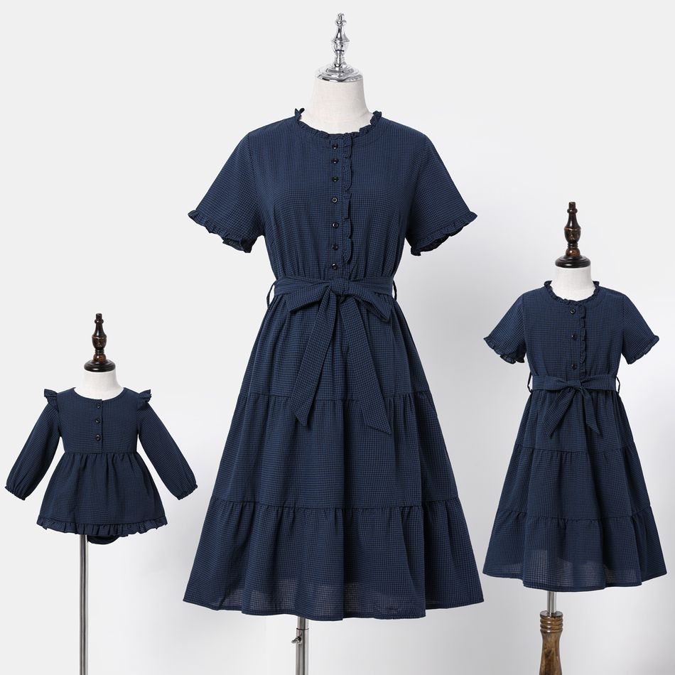 Dark Blue Gingham Ruffle Short-sleeve Belted Tiered Dress for Mom and Me Dark Blue