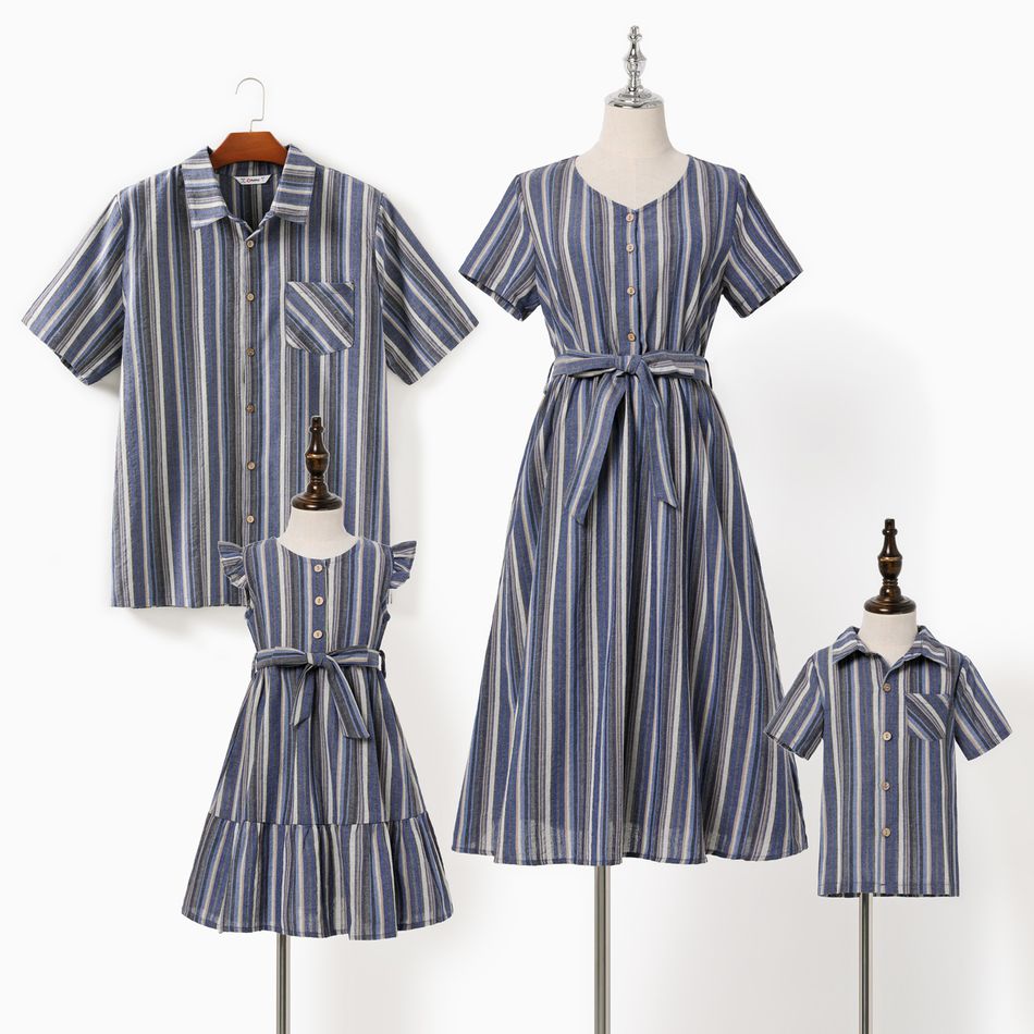 Family Matching Striped V Neck Button Down Short-sleeve Dresses and Shirts Sets Bluish Grey