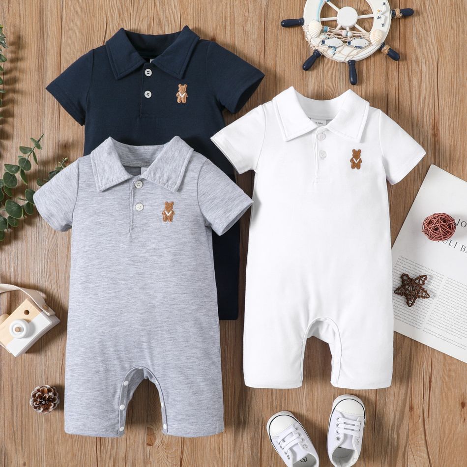 Baby Boy Bear Embroidered Polo Collar Button Up Short-sleeve Jumpsuit Light Grey big image 2