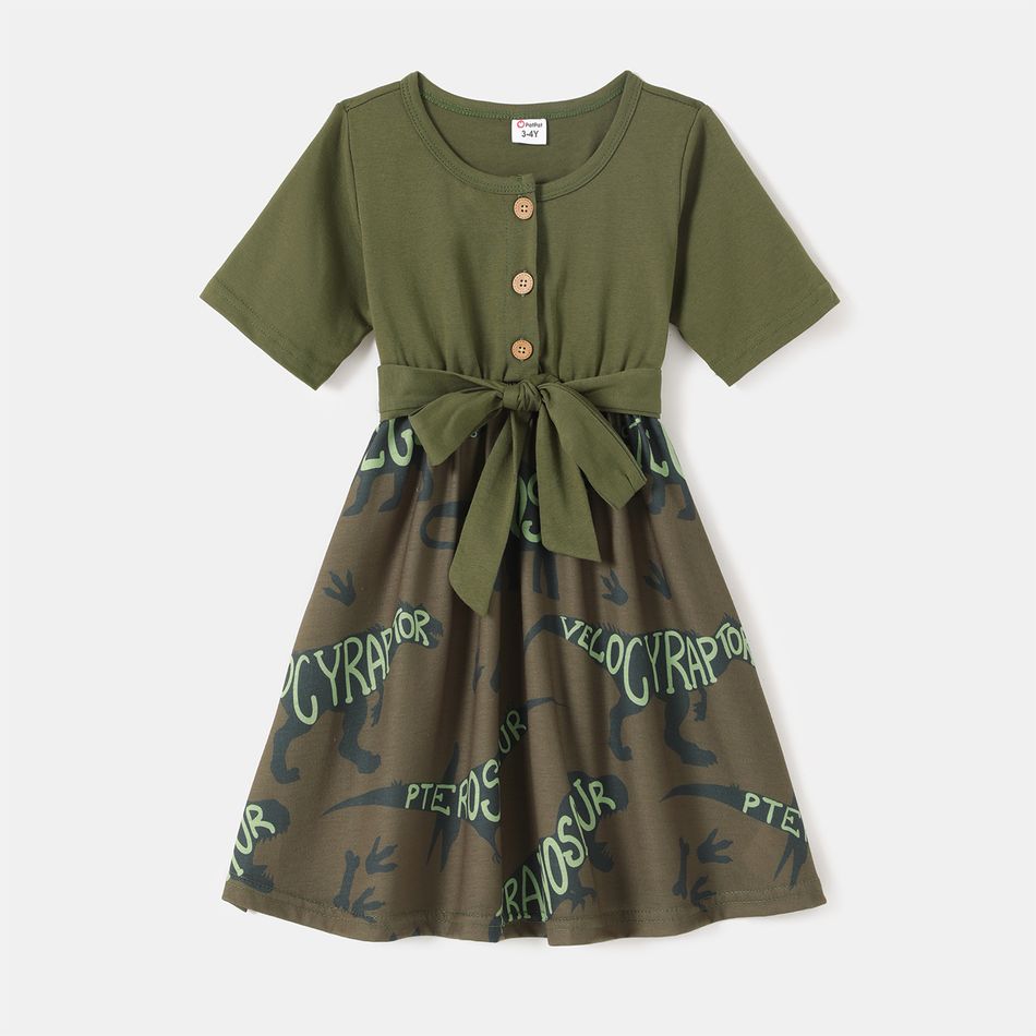Family Matching Striped Short-sleeve Dresses and Letter Dinosaur Print T-shirts Sets Army green big image 5