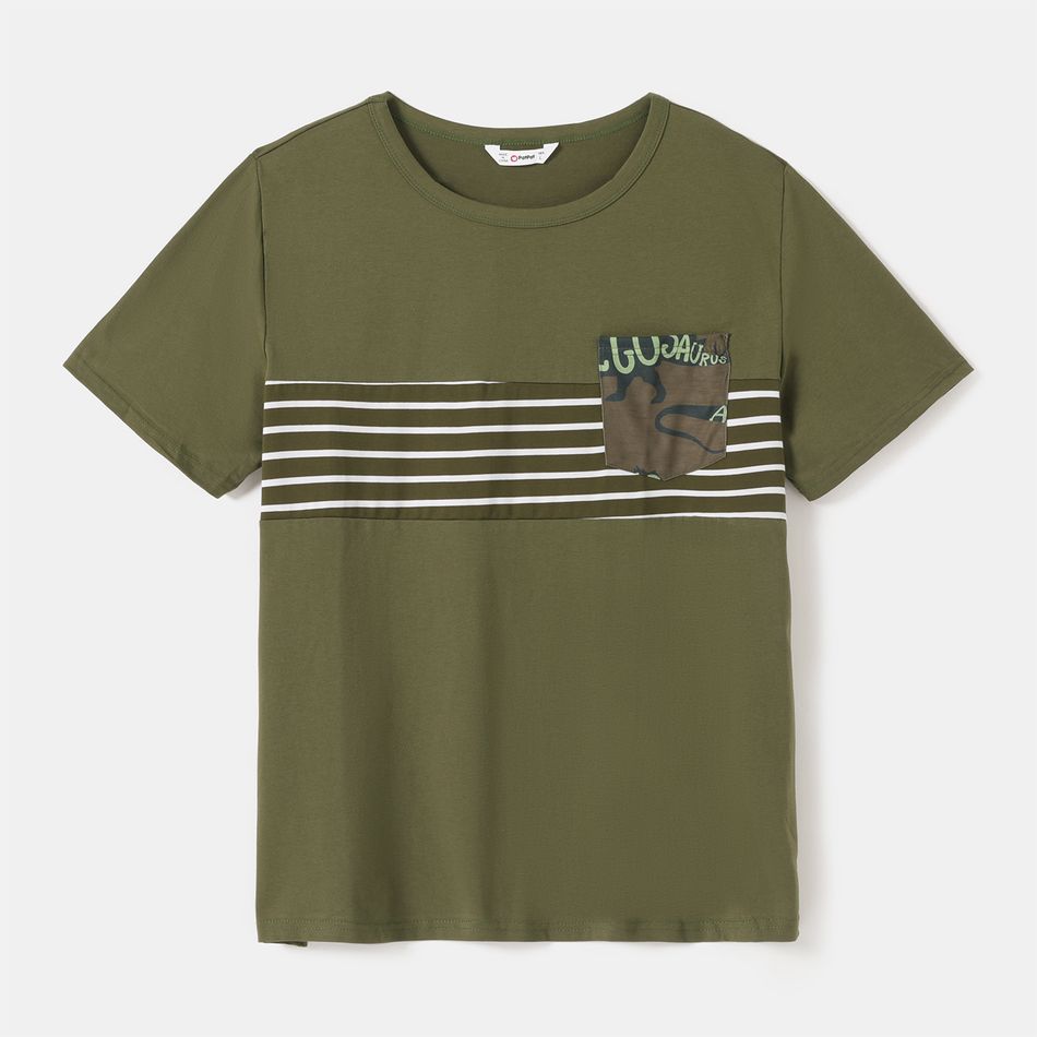 Family Matching Striped Short-sleeve Dresses and Letter Dinosaur Print T-shirts Sets Army green big image 12