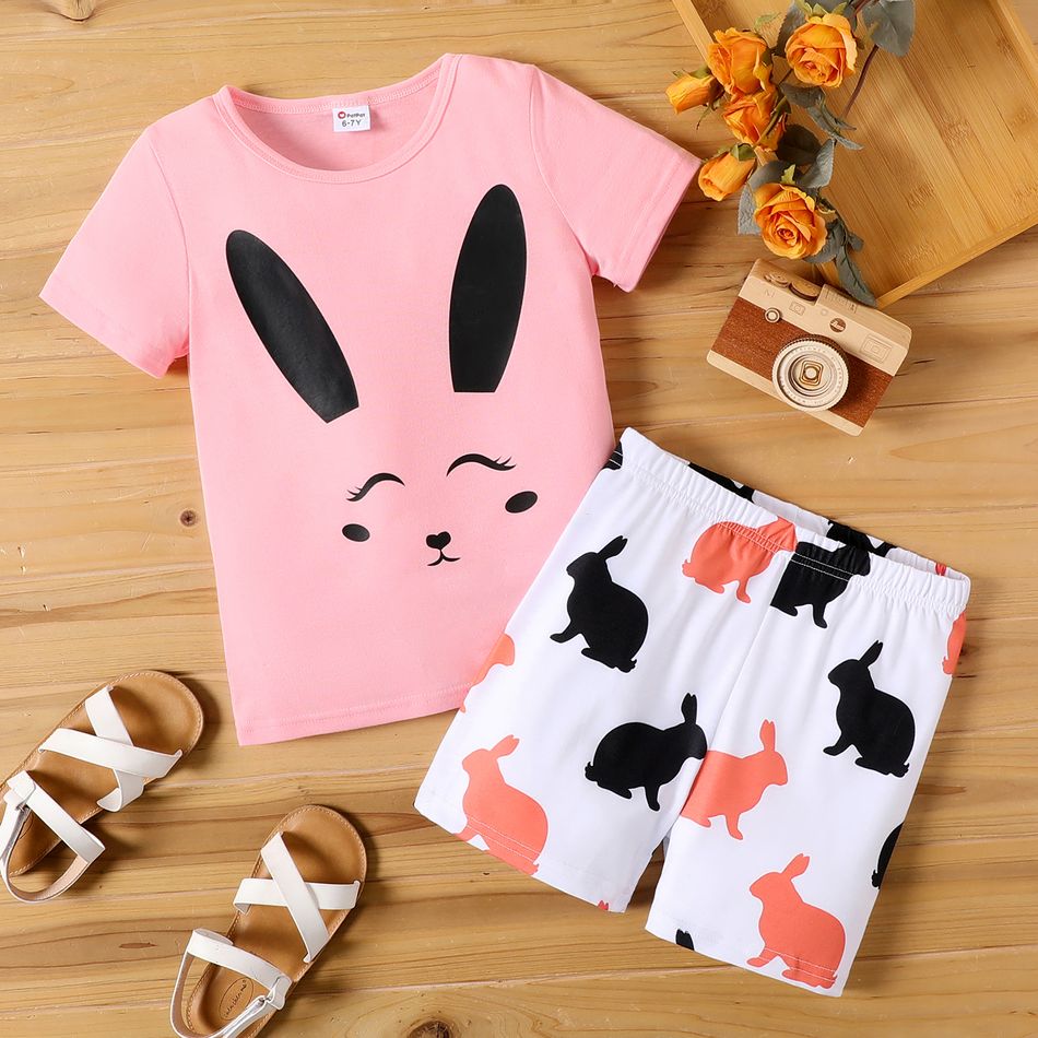 2-piece Kid Girl Animal Rabbit Print Skinny Short-sleeve Pink Tee and Elasticized Shorts Skinny Set Pink