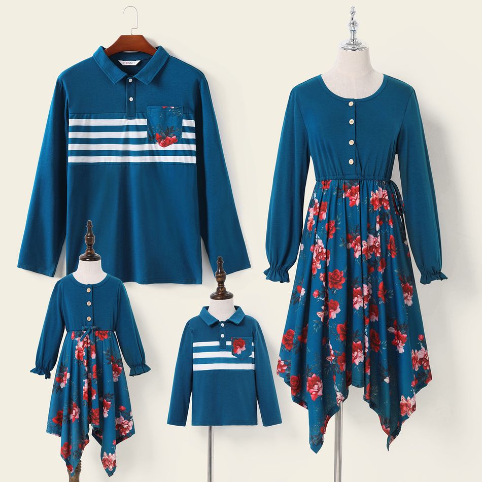 Family Matching Cyan Long-sleeve Splicing Floral Print Irregular Dresses and Striped Polo Shirts Sets cyan