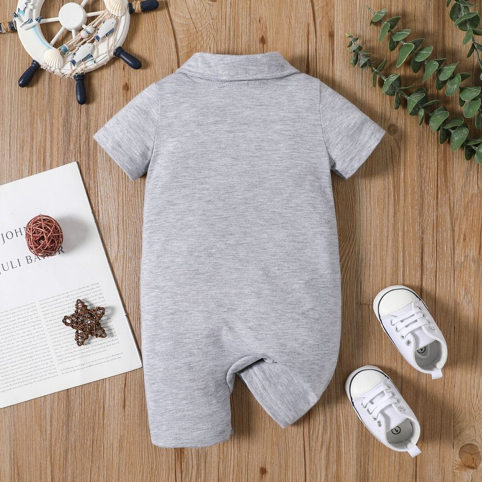 Baby Boy Bear Embroidered Polo Collar Button Up Short-sleeve Jumpsuit Light Grey big image 3