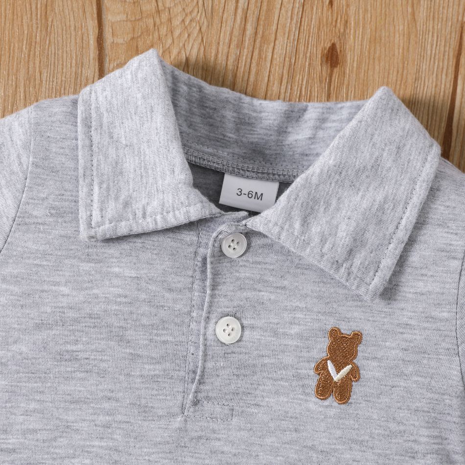Baby Boy Bear Embroidered Polo Collar Button Up Short-sleeve Jumpsuit Light Grey big image 4
