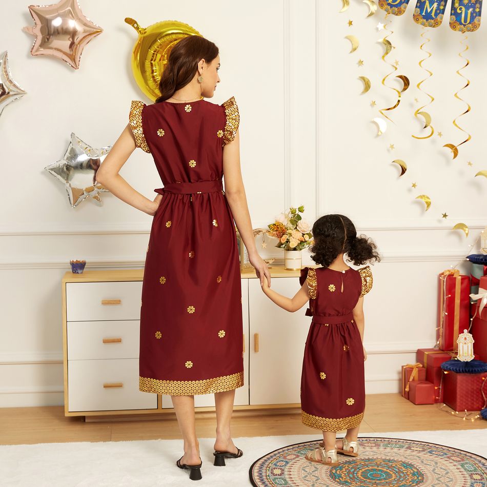 Ramadan Collection Cross V Neck Bronzing Print Flutter-sleeve Dress for Mom and Me WineRed big image 4