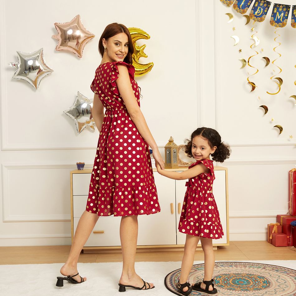 Ramadan Collection Polka Dots Bronzing Print Red Cross Wrap V Neck Flutter-sleeve Dress for Mom and Me WineRed big image 2