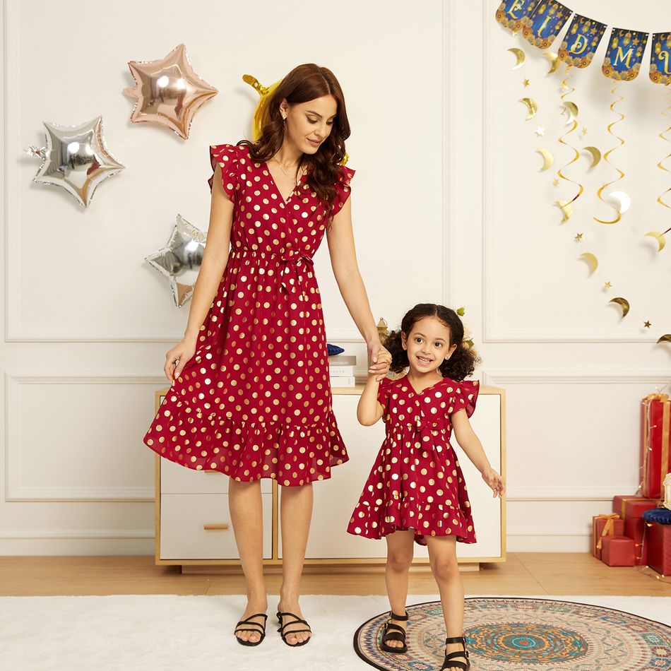 Ramadan Collection Polka Dots Bronzing Print Red Cross Wrap V Neck Flutter-sleeve Dress for Mom and Me WineRed big image 4