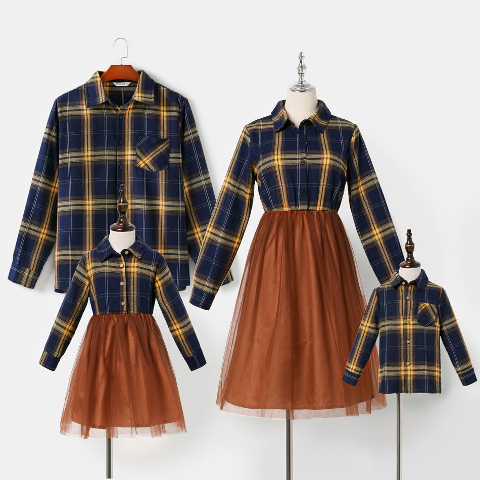 Family Matching Plaid Lapel Long-sleeve Splicing Mesh Dresses and Shirts Sets ColorBlock