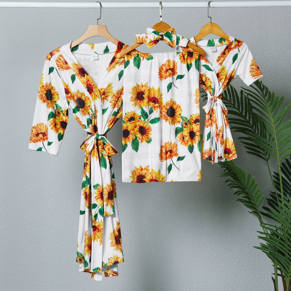 Mommy and Me All Over Yellow Sunflowers Floral Print Half Sleeve Robe and Swaddle Sets Yellow