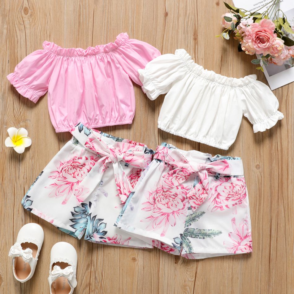 2-piece Toddler Girl Ruffled Off Shoulder Short-sleeve Tee and Belted Floral Print Shorts Set White