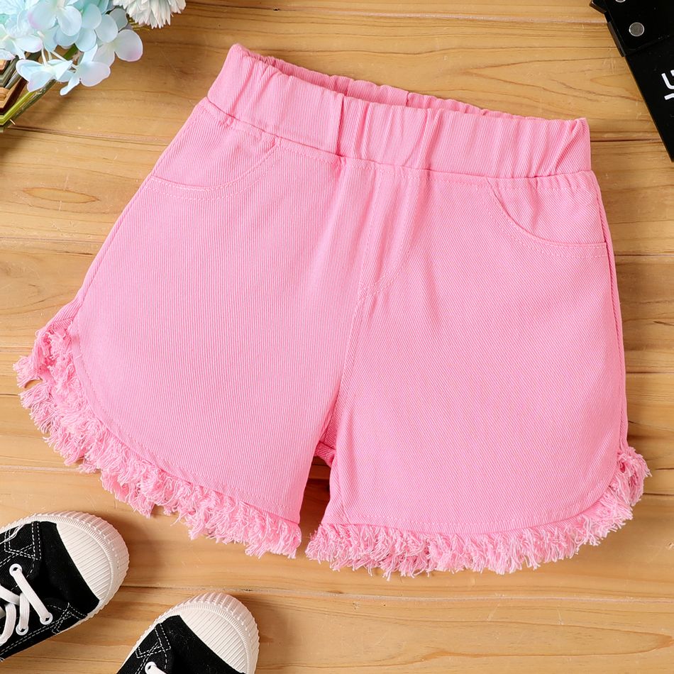 Kid Girl Ripped Cuff Solid Color Denim Shorts Pink