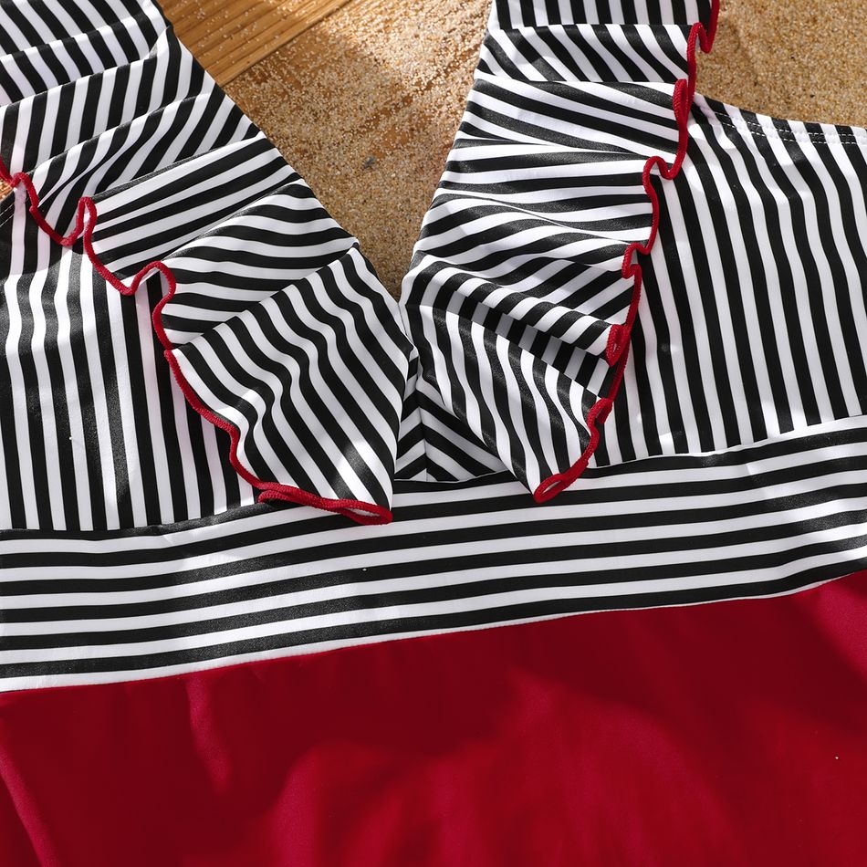 Family Matching Striped Swim Trunks Shorts and Ruffle Splicing One-Piece Swimsuit REDWHITE big image 4