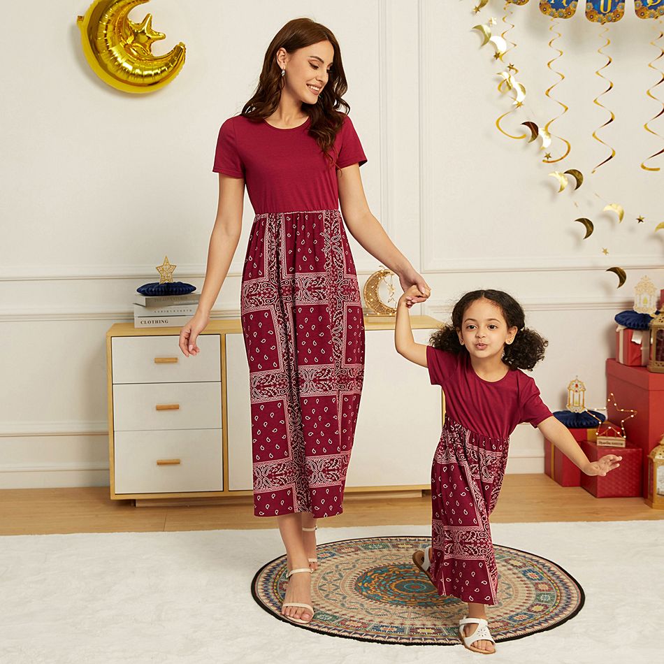 Ramadan Collection Solid Short-sleeve Splicing Print Dress for Mom and Me WineRed