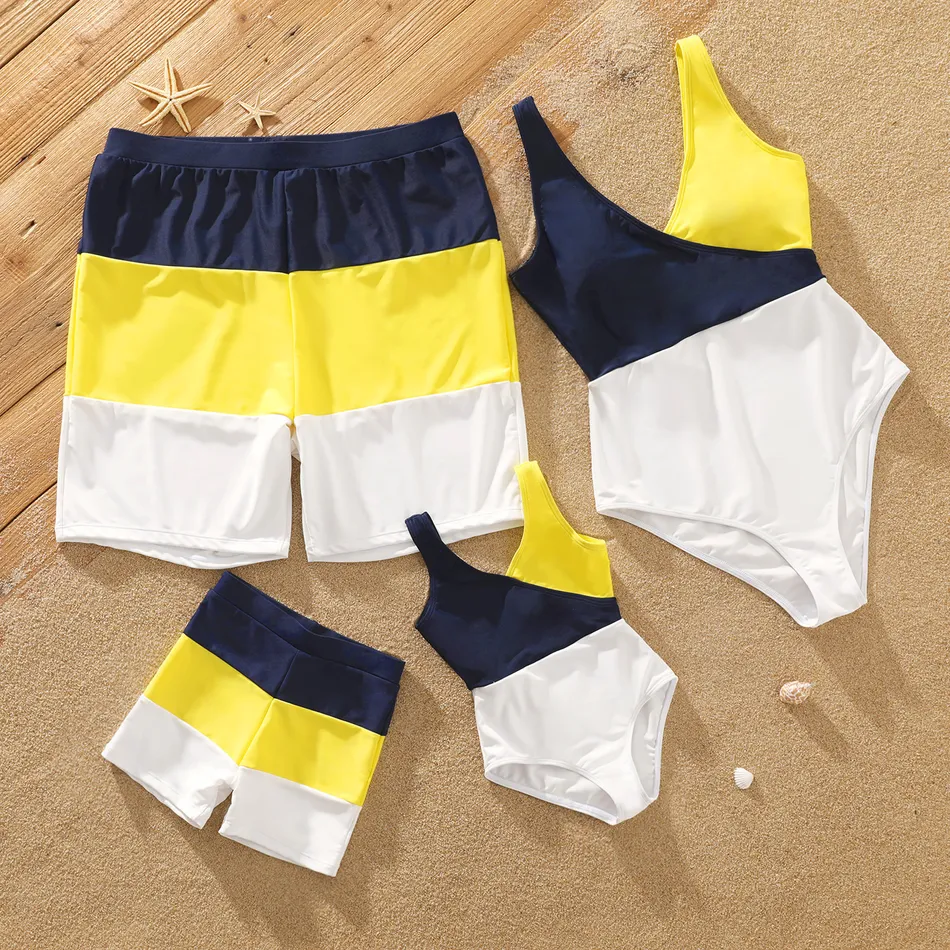 These family matching swimsuits allows you to choose each size for each member of your family. They have a combination of blue, yellow and white colors, suitable for beach trips with family.