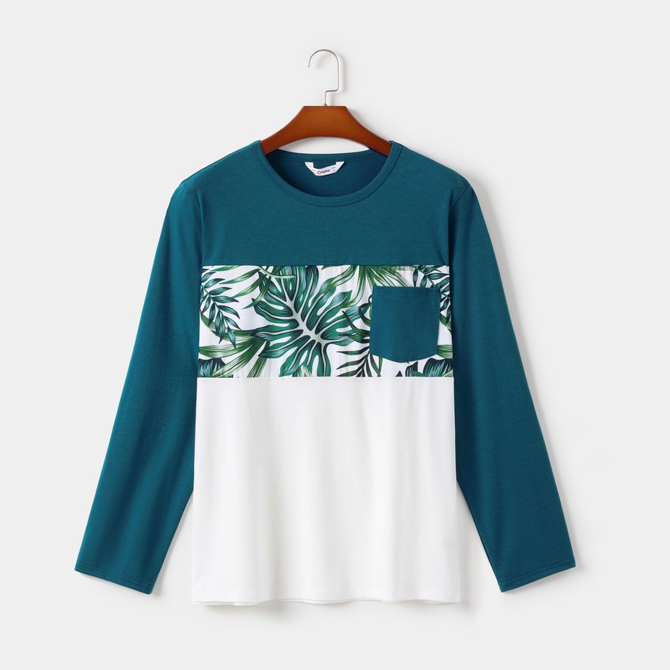 Family Matching Tropical Leaves Print Splicing Long-sleeve Dresses and T-shirts Sets Sky blue big image 4