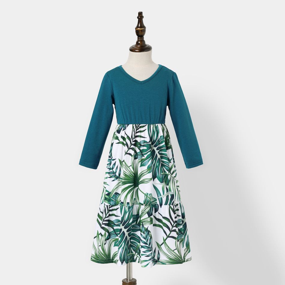 Family Matching Tropical Leaves Print Splicing Long-sleeve Dresses and T-shirts Sets Sky blue big image 3