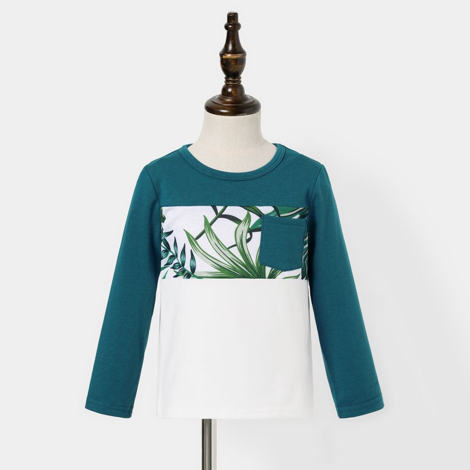 Family Matching Tropical Leaves Print Splicing Long-sleeve Dresses and T-shirts Sets Sky blue big image 5