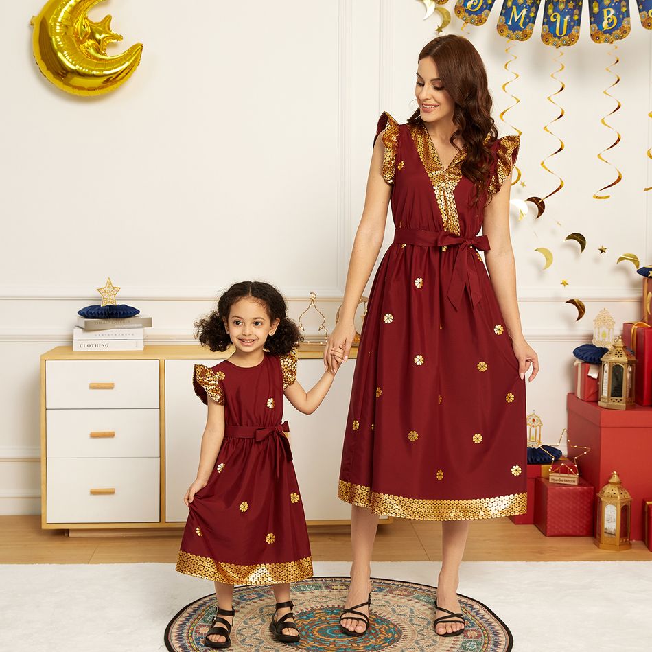 Ramadan Collection Cross V Neck Bronzing Print Flutter-sleeve Dress for Mom and Me WineRed big image 1