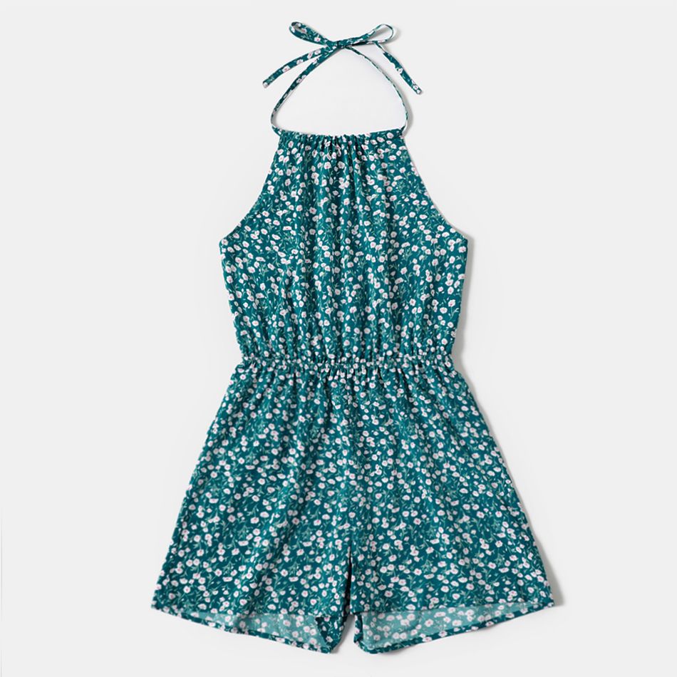 All Over Floral Print Halter Neck Self-tie Sleeveless Romper for Mom and Me Blue big image 2