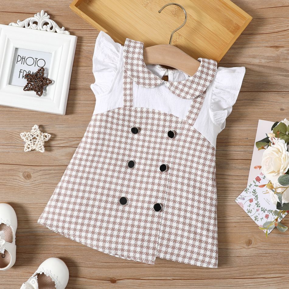 Baby Girl 100% Cotton Flutter-sleeve Peter Pan Collar Double Breasted Plaid Dress Color block