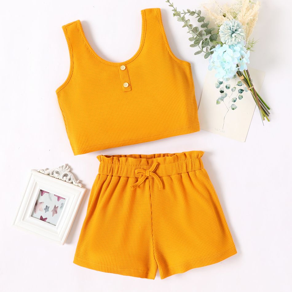 2pcs Kid Girl Solid Color Button Design Waffle Tank Top and Bowknot Design Paperbag Shorts Set Ginger