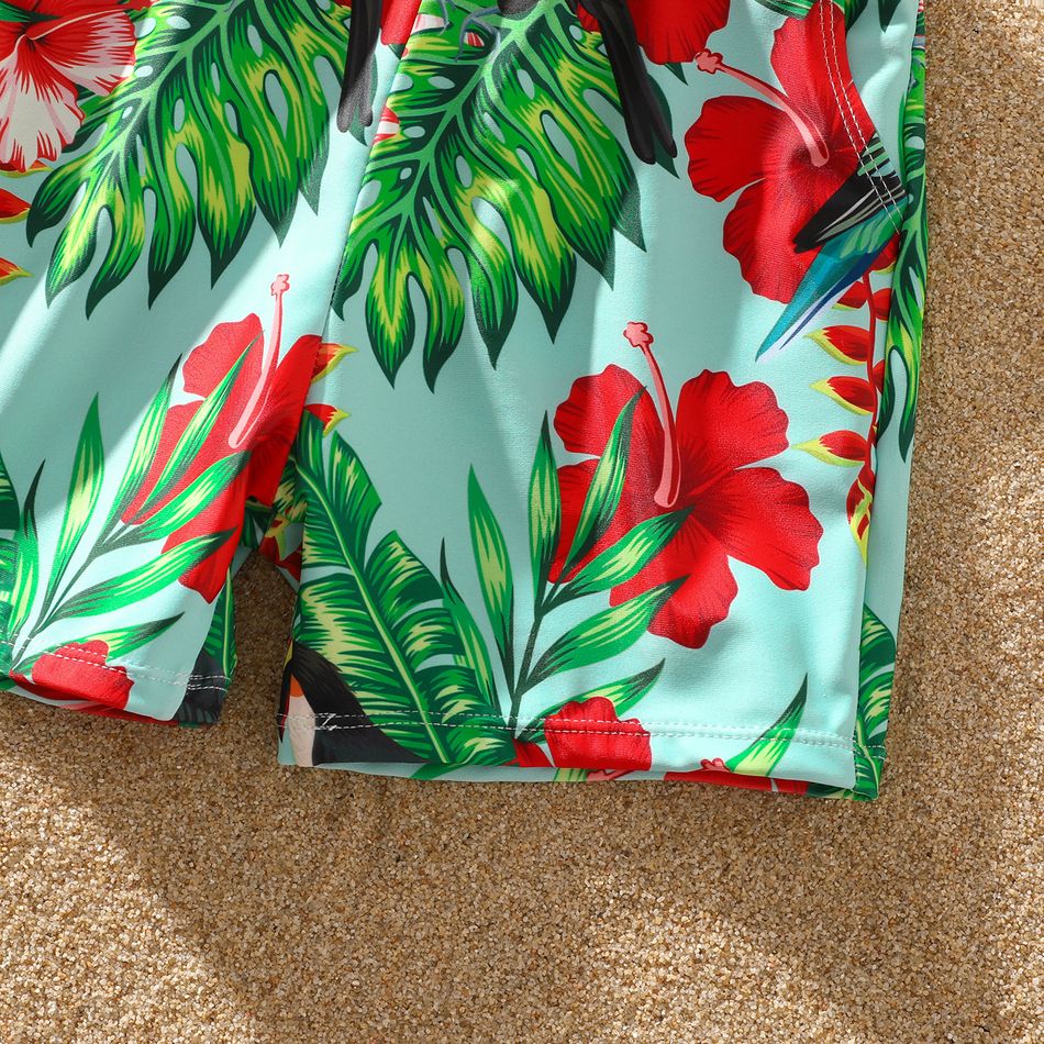 Family Matching All Over Tropical Plants Parrot Print Swim Trunks Shorts and Ruffle Splicing One-Piece Swimsuit Red big image 11