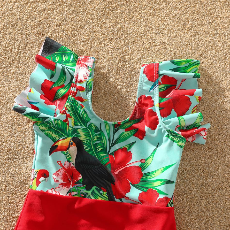 Family Matching All Over Tropical Plants Parrot Print Swim Trunks Shorts and Ruffle Splicing One-Piece Swimsuit Red big image 7
