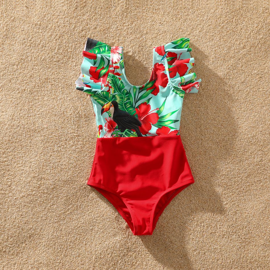 Family Matching All Over Tropical Plants Parrot Print Swim Trunks Shorts and Ruffle Splicing One-Piece Swimsuit Red big image 6