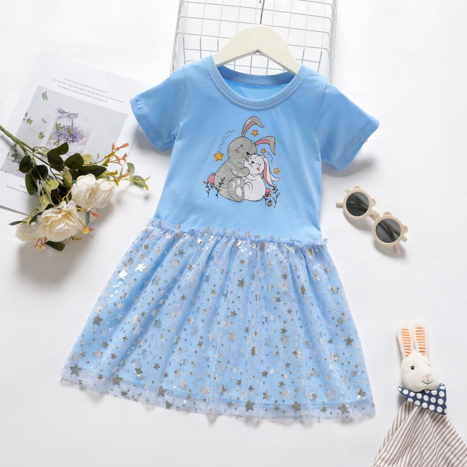 فستان للأطفال الصغار بأكمام قصيرة وطبقات شبكية بنجمة أرنب الضوء الأزرق big image 1