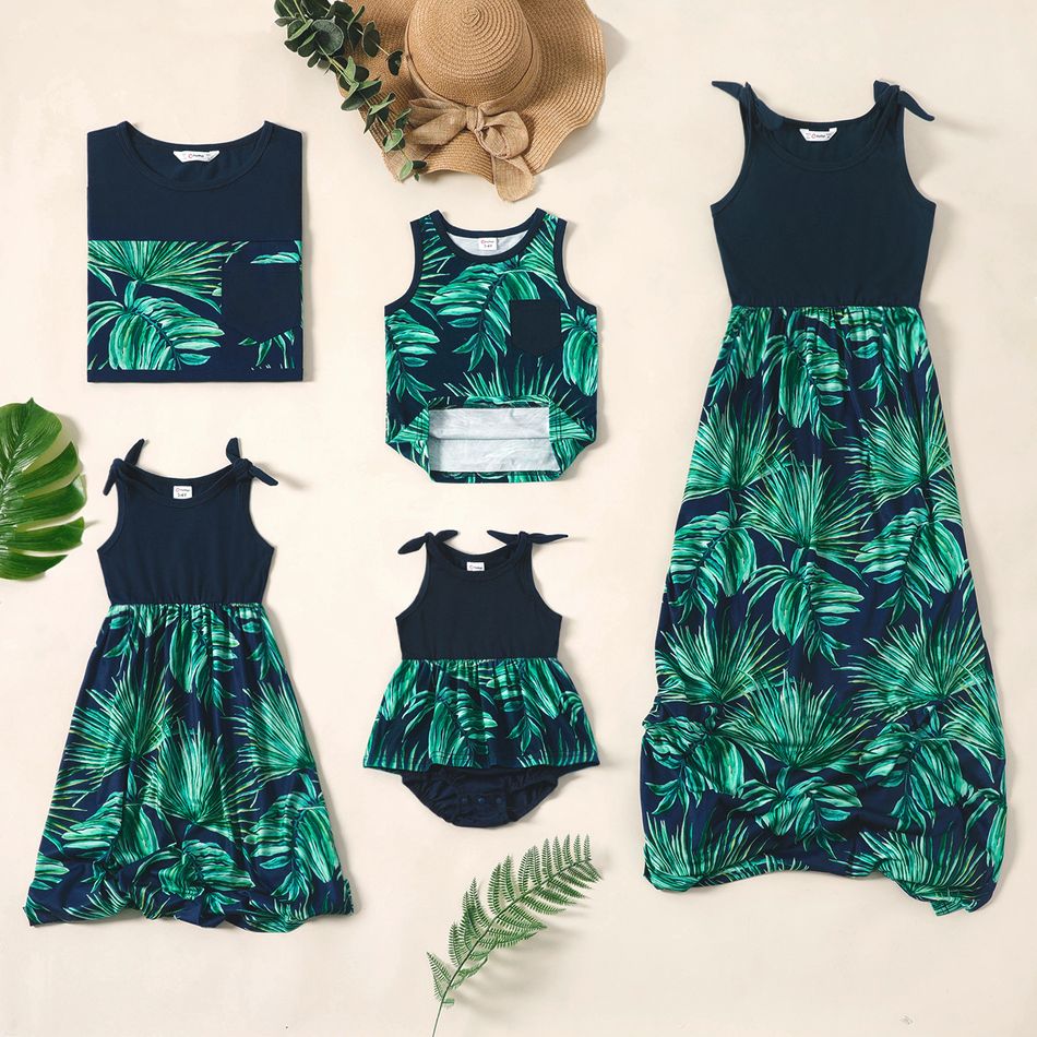 Mosaic Leaf Print Tank Top and Dress Family Matching Set Dark Green