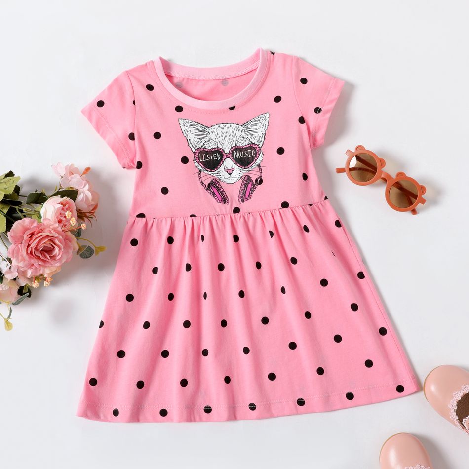 100% Cotton Cat Print Polka Dots Allover Short-sleeve Pink Toddler Dress Pink