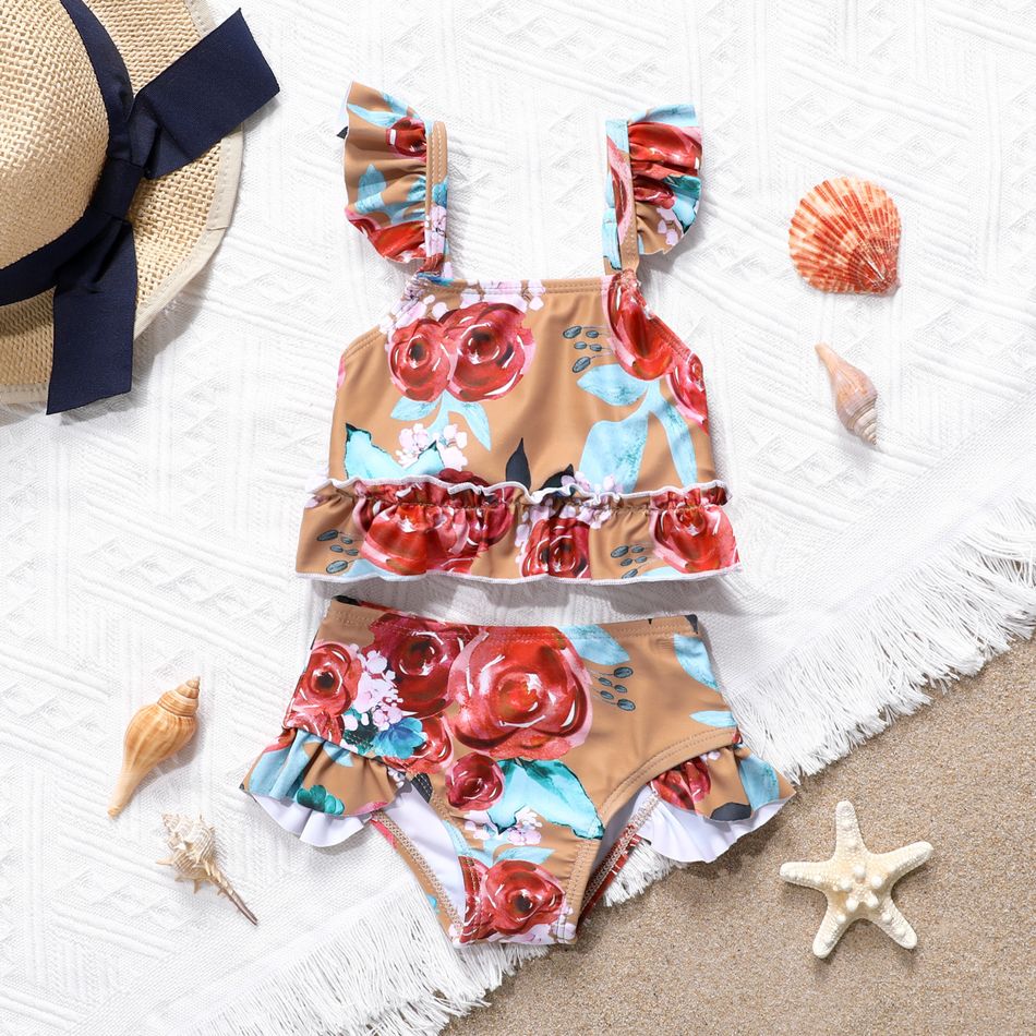 2pcs Baby Girl Allover Floral Print Ruffle Two-Piece Swimsuit Brown