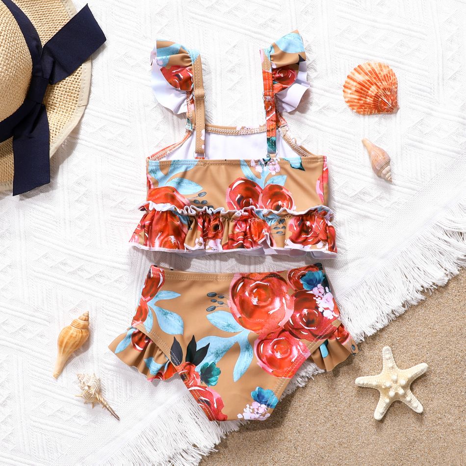 2pcs Baby Girl Allover Floral Print Ruffle Two-Piece Swimsuit Brown big image 2
