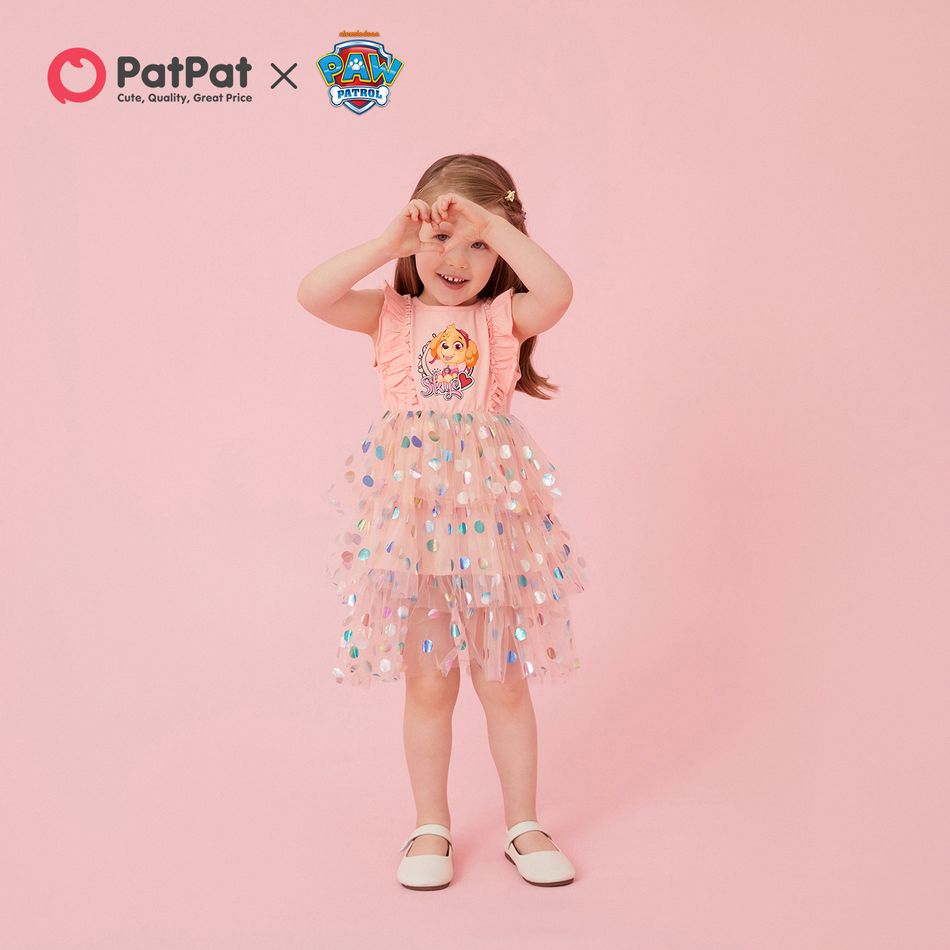 PAW Patrol Toddler Girl Cotton Ruffled Polka dots Layered Mesh Splice Sleeveless Dress Pink big image 5