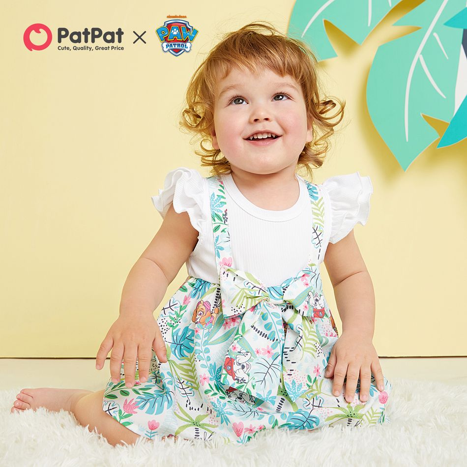 PAW Patrol 2pcs Little Girl White Ribbed Flutter-sleeve Splicing Floral Print Bowknot Dress with Headband Set Colorful