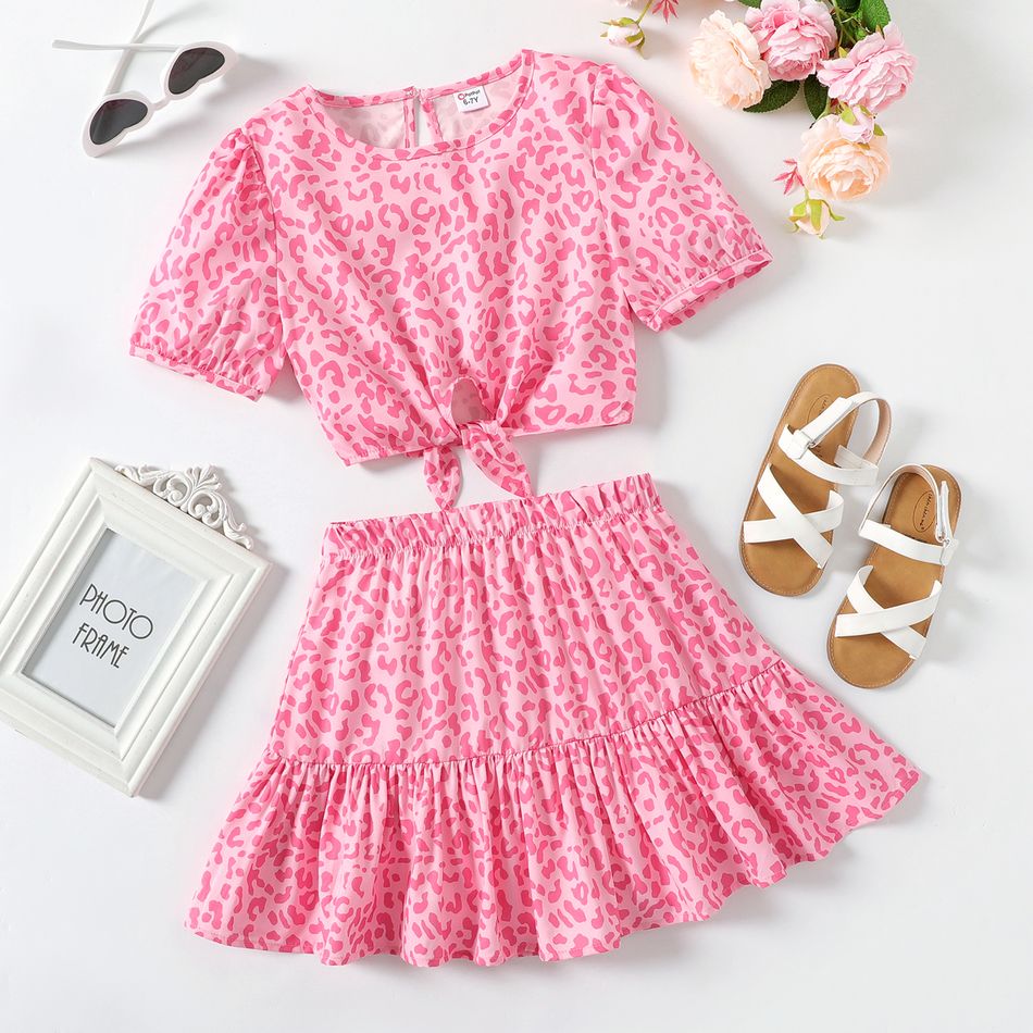 2-piece Kid Girl Leopard Print Tie Knot Short-sleeve Pink Tee and Ruffle Skirt Set Pink