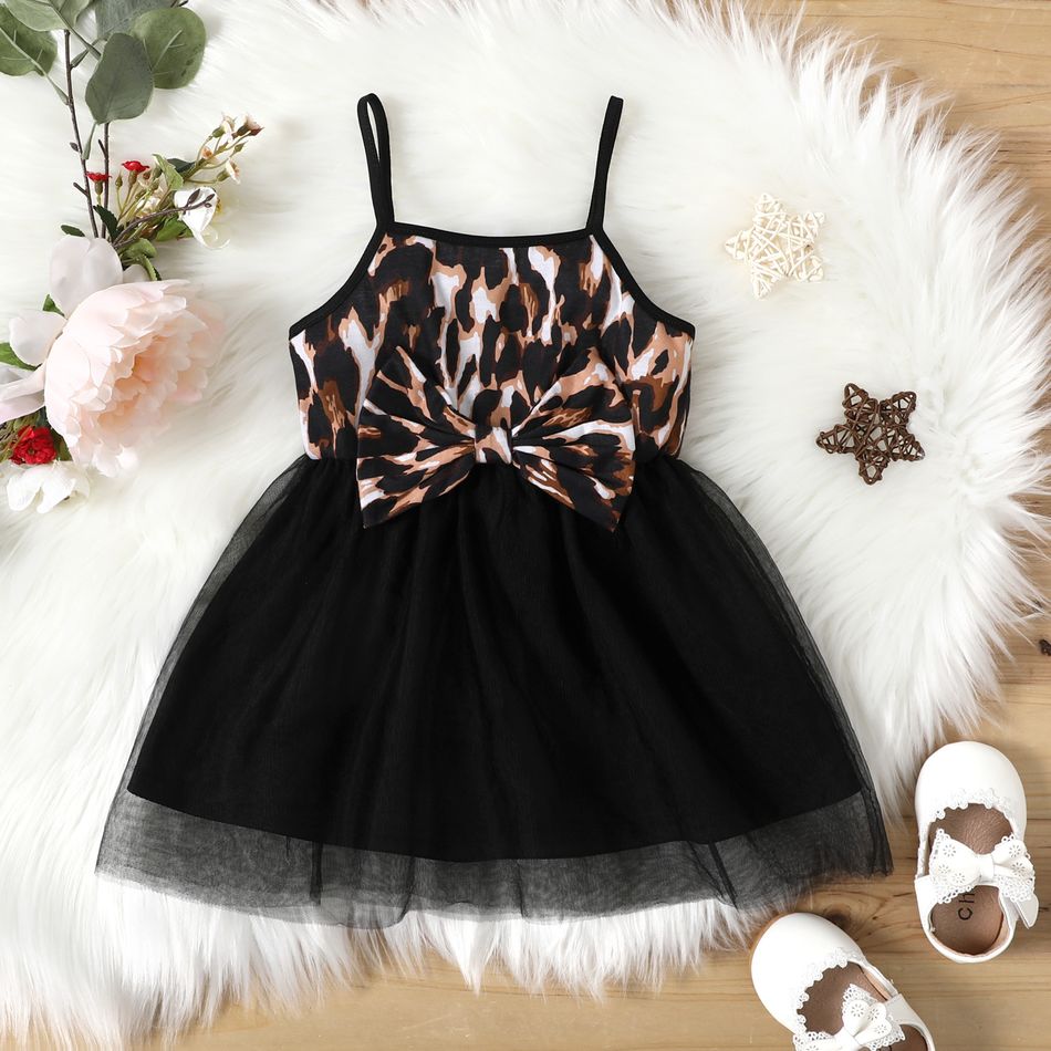 Baby Girl Spaghetti Strap Leopard Bowknot Splicing Mesh Dress Black